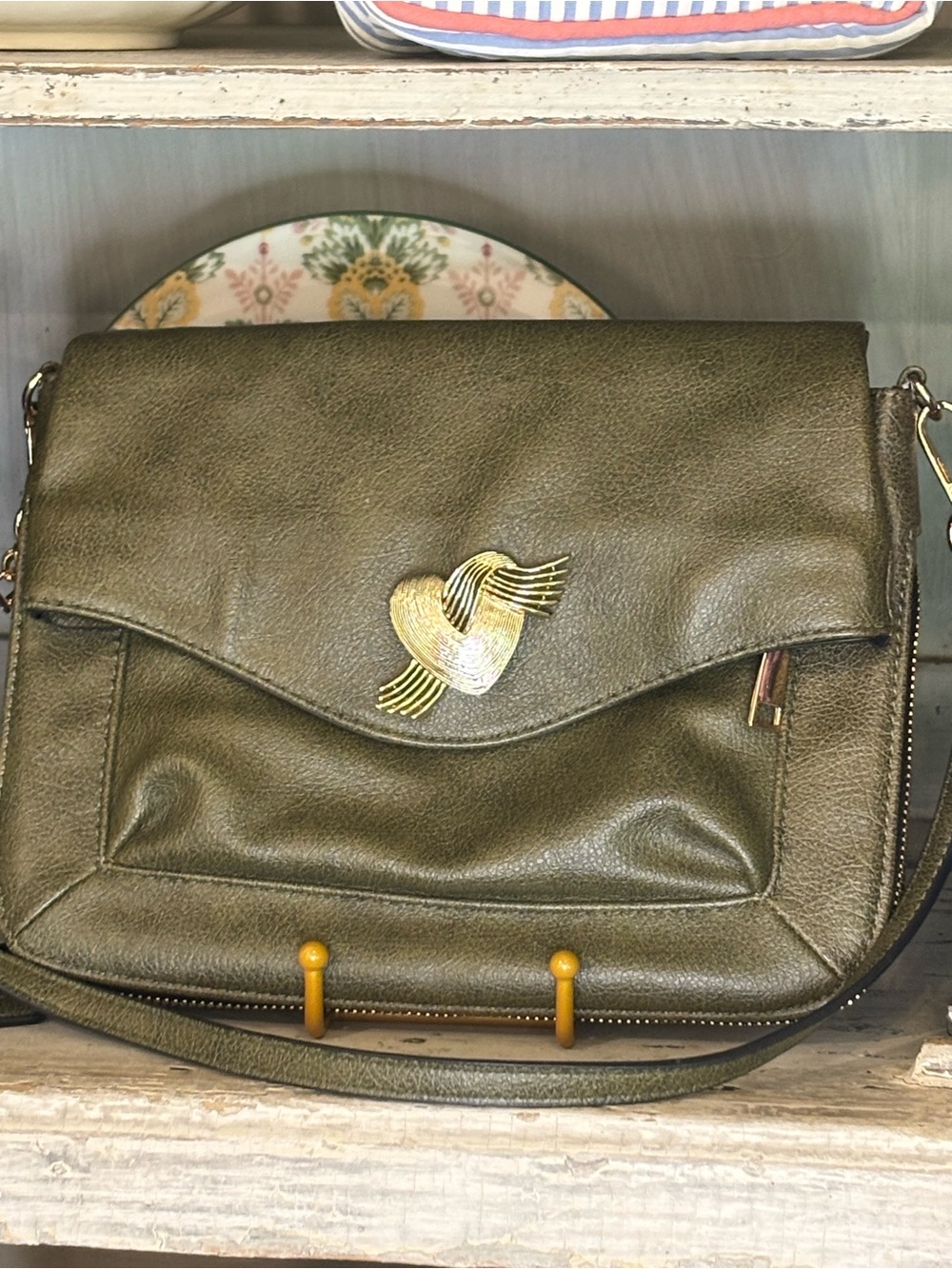 Olive Green Leather Crossbody Bag with Gold Accent